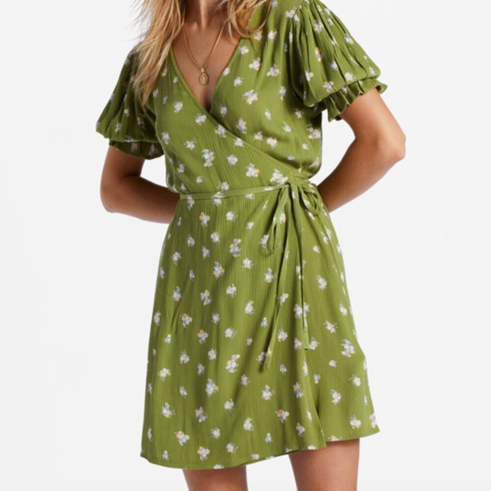 Billabong Chiquita Wrap Green Floral Ruffle Minidress Women’s Small Beach Casual